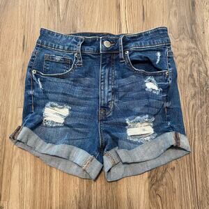 Aeropostale Super High Rise Midi Shorts Women’s Sz 2 Denim Distressed Stretch